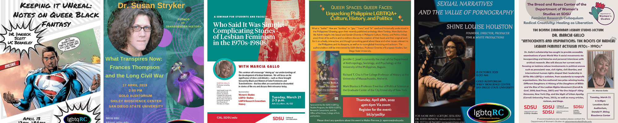 collage of past event flyers - see below for details about events